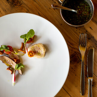 Appetizer on a white plate in Lercher's Restaurant.