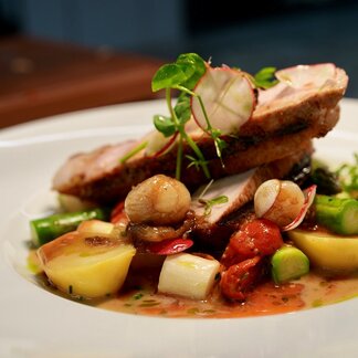 Meat with vegetables at Lercher's Restaurant.