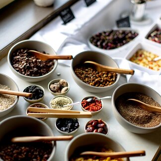 Selection of muesli at the breakfast buffet. Selection of muesli at the breakfast buffet.