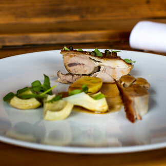 Dish with meat in Lercher's Restaurant. Dish with meat in Lercher's Restaurant.