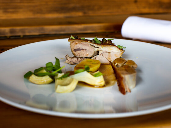 Dish with meat in Lercher's Restaurant.